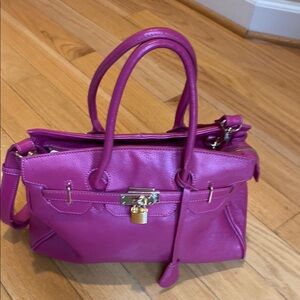 Pink Structured Satchel with Gold Accents and Adjustable Strap